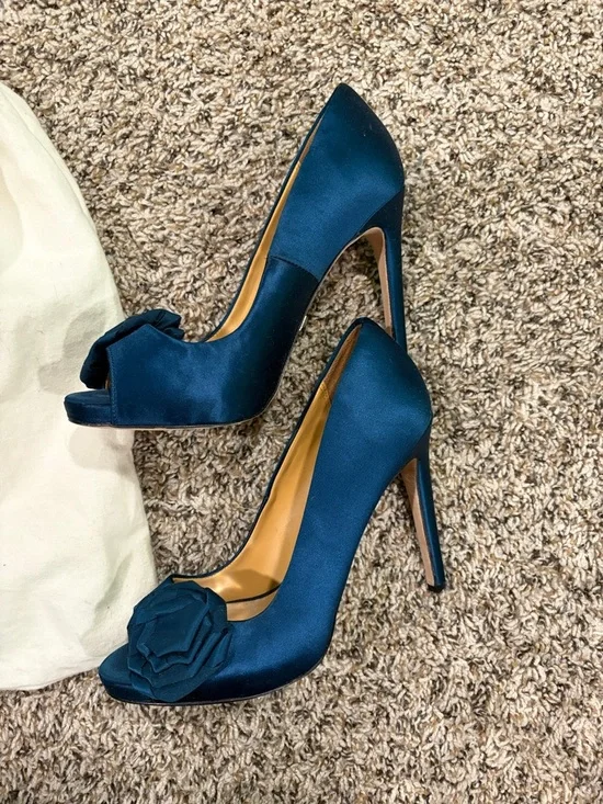 Badgley Mischka Teal Satin Peep-Toe Pumps with Rosette Accent - Picture 3 of 6